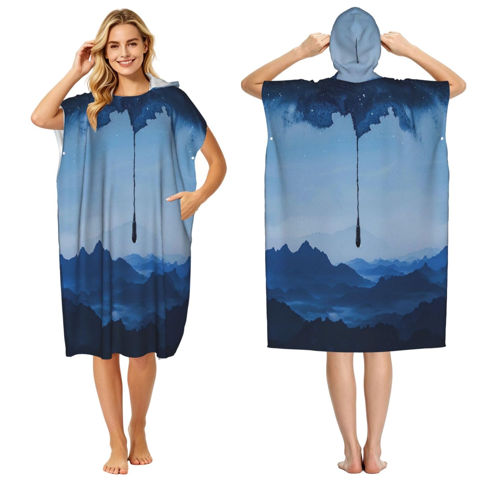 KLGRTJHK Ink Wash Wolf Hair Adult Hooded Beach Poncho Towel 43"X35"