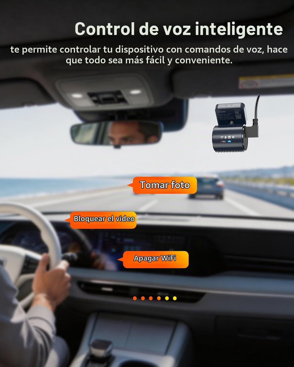 Cámara para Coche Frontal KAWA 4K Mini, Control por Voz, Pantalla Oculta, Motor NightEagle con HDR 2K, Wi‑Fi 6 y GPS Integrados, Modo de estacionamiento con búfer 24/7, admite hasta 256 GB