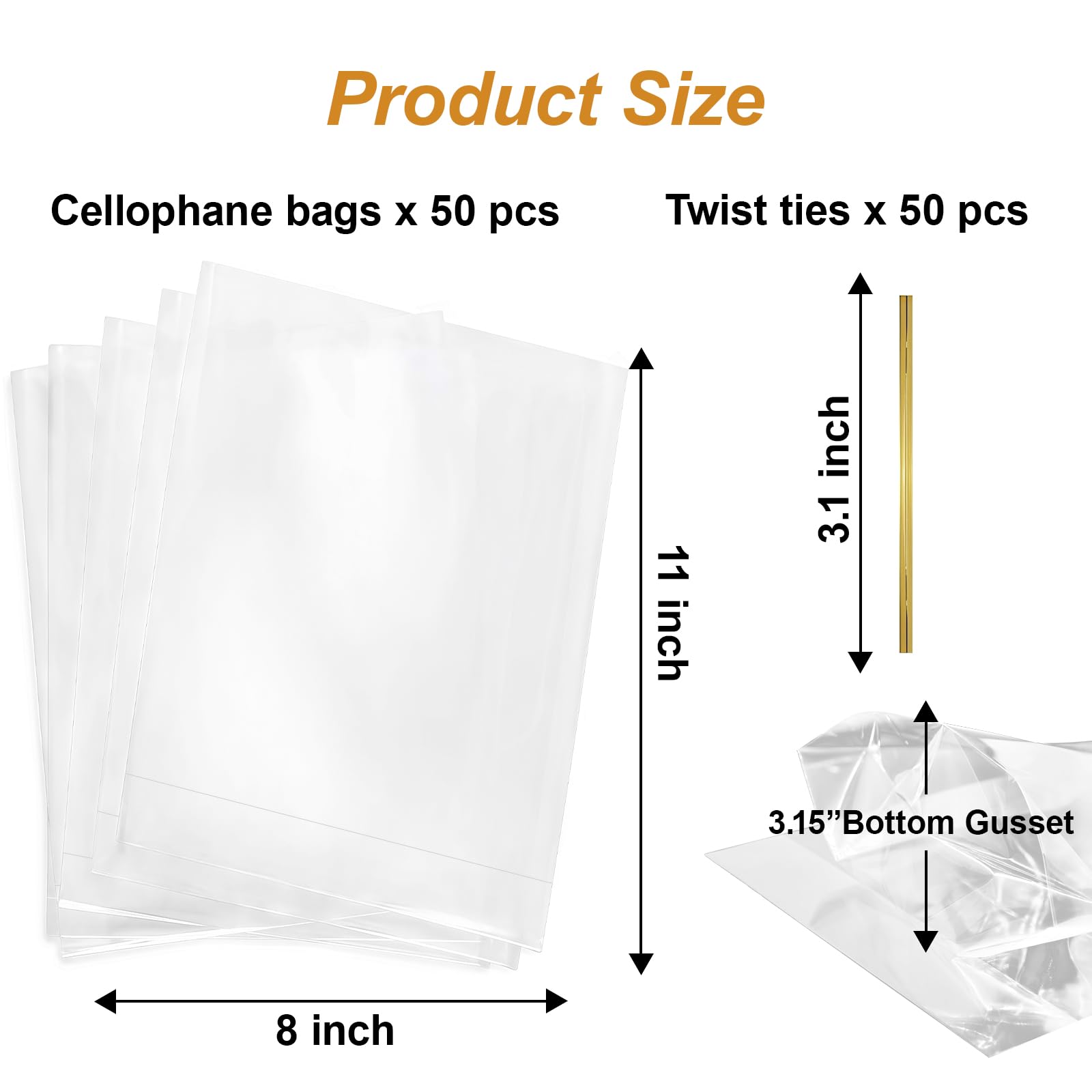 Toosci 8" x 11" Clear Cellophane Treat Bags with Bottom Gusset & Twist Ties – for Baked Goods, Cookies, Candies, Chocolates, Popcorn & Gift Packaging (50 Pcs, 2 mils)