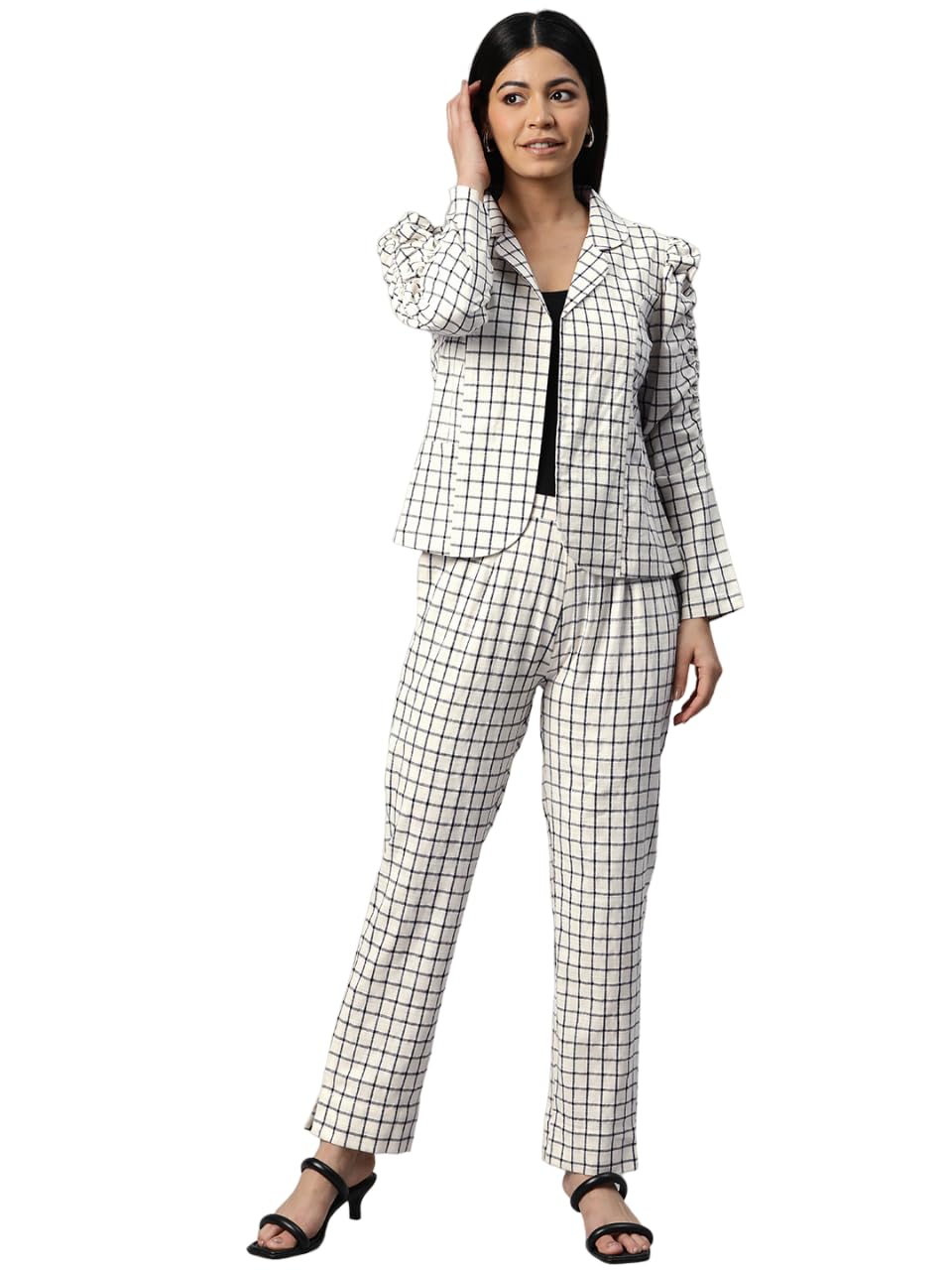 cottinfab Women Checkered White Blazer Co-ord-picture-15