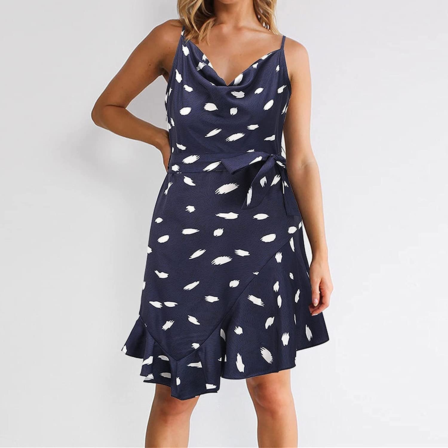 Verstellbarer Ersatz-Schultergurt, Handtaschenträger, Kleider for Damen, V-Ausschnitt, Blumen-Wickelkleid, ärmellos, Spaghettiträger, Sommer, lässiges Swing-Kleid, Sommerkleider (Farbe: Marineblau, Gr