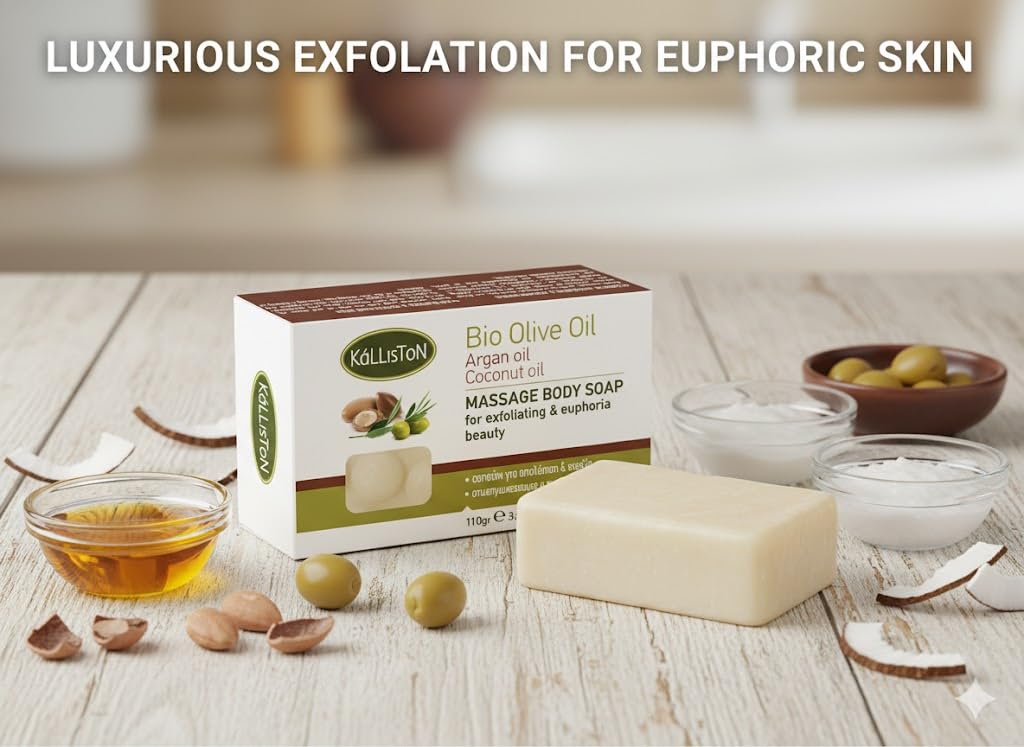 Kalliston, Argan Oil Massage Body Soap, Massage & Exfoliating, Includes Bamboo Soap Dish, Greece, 110g Each, Pack of 2