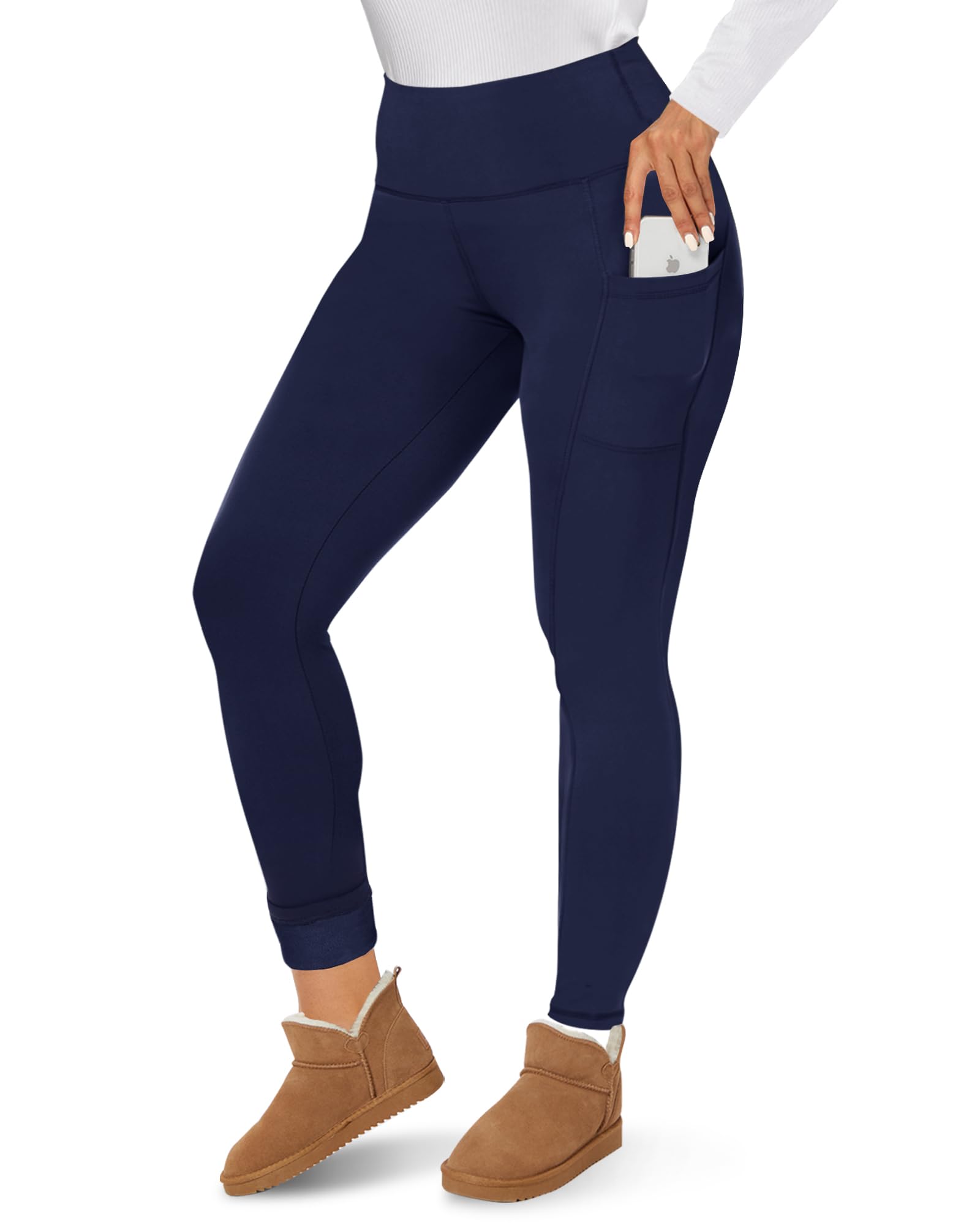 CAMPSNAIL Fleece Lined Leggings Women - Thick Soft High Waisted Black Tummy Control Thermal Warm Velvet Pants for Cold Winter Pockets, Navy Blue Small
