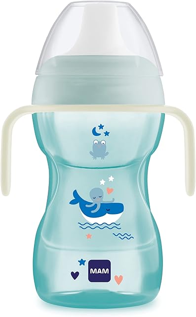 MAM Fun to Drink Cup & Glow Handles, Baby Bottle with Handles, Spill-Free Sippy Cup, Transition Drink Bottle for Babies and Toddlers, Blue