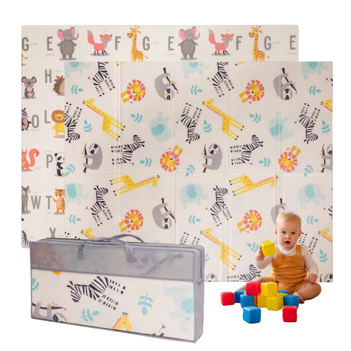 Alfombra de juegos para bebés, plegable, sensorial, impermeable, no tóxica, reversible. Alfombra versátil, perfecta para gatear de forma segura. (Wildlife Expedition, 150cm x 180cm x 1cm thick)