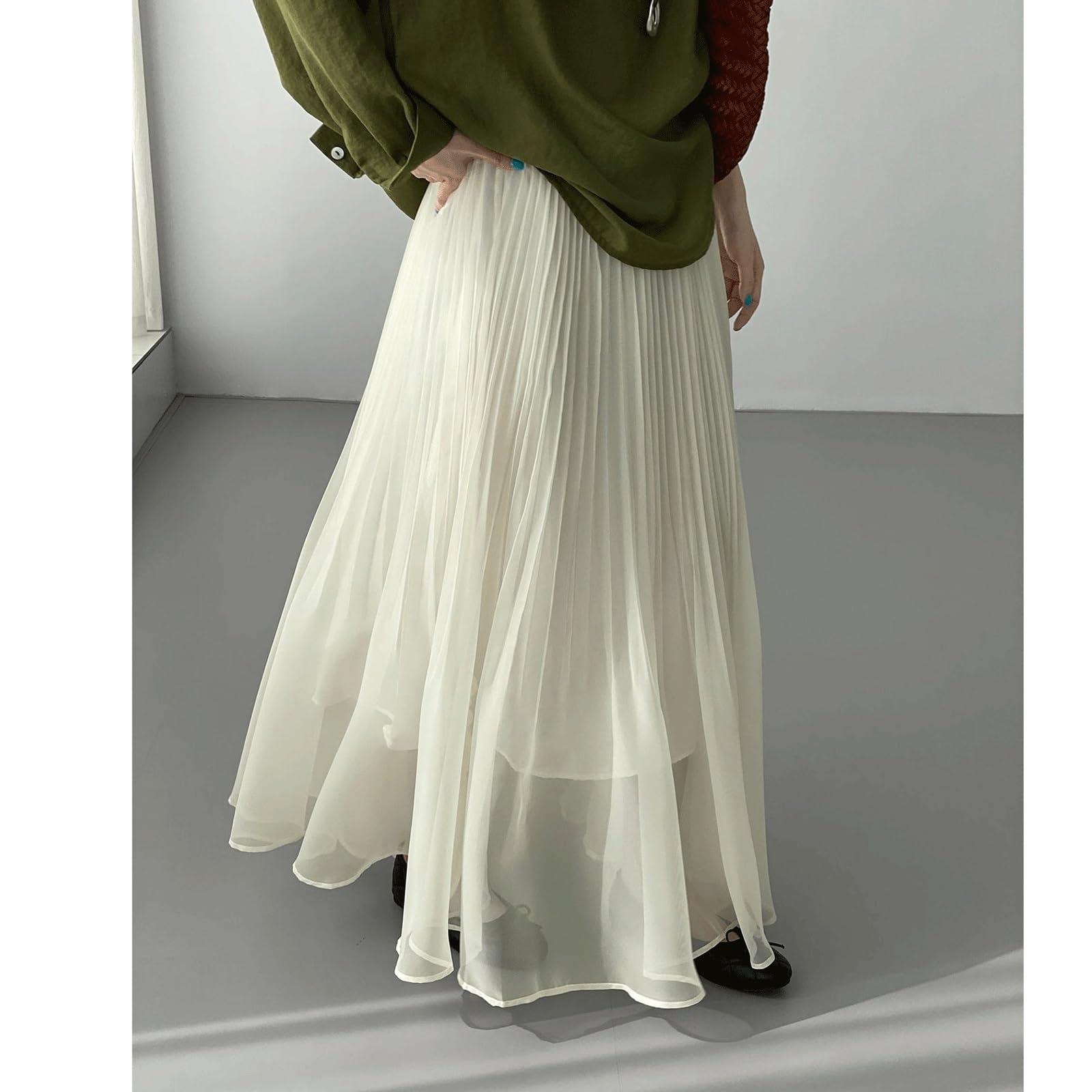 DUddTTW Pleated Maxi Skirts Gauze Women's Midi Skirt Elastic Waisted Swing Skirt Slimming Ankle Length Skirts Midi Length Flowy Skirt(Wei�)