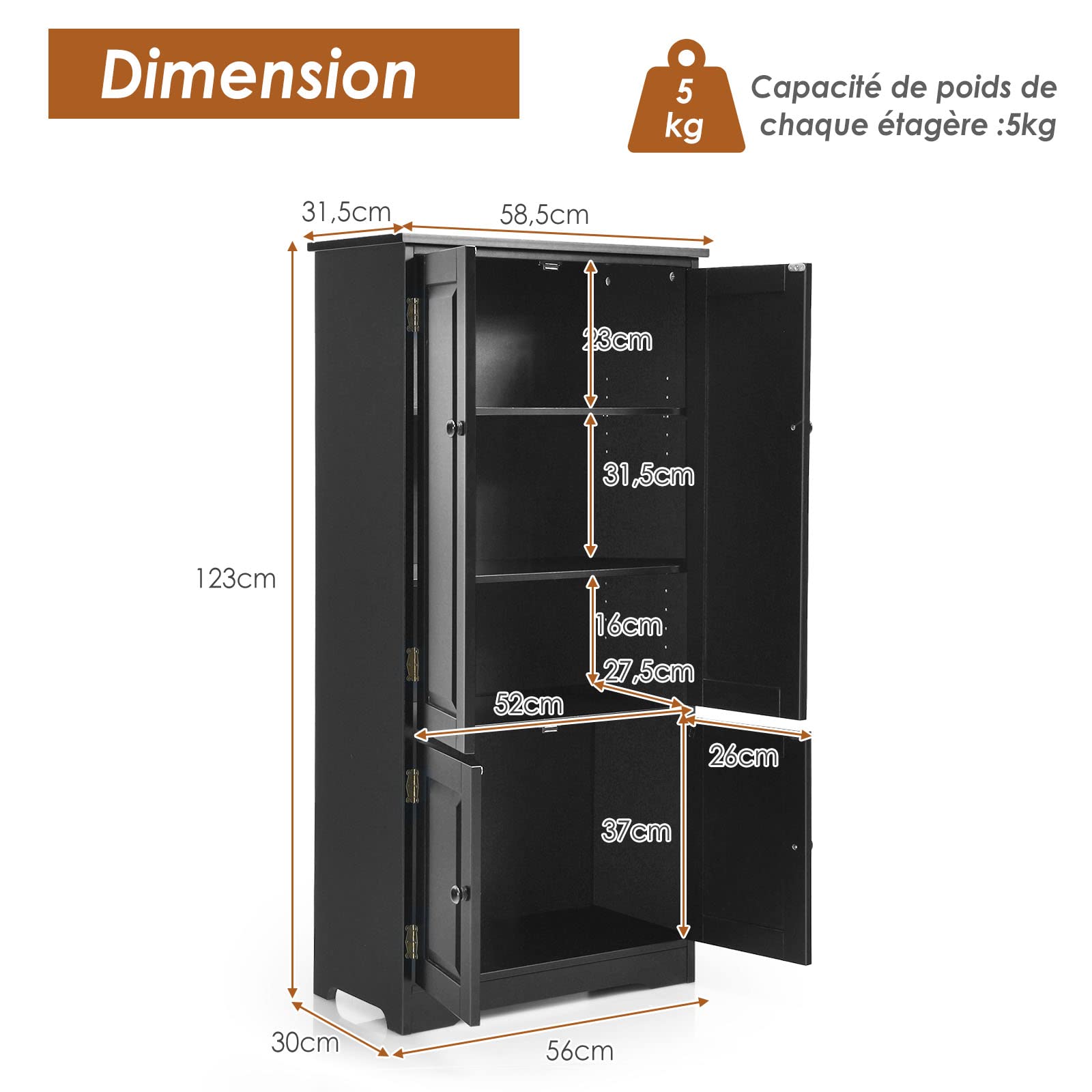 COSTWAY Armoire de Rangement Vintage en MDF avec 2 Étagères Réglables sur 5 Positions et Dispositif Anti-Dumping, 58,5 x 31,5 x 123 cm, pour Salon, Chambre, Bureau (Noir)