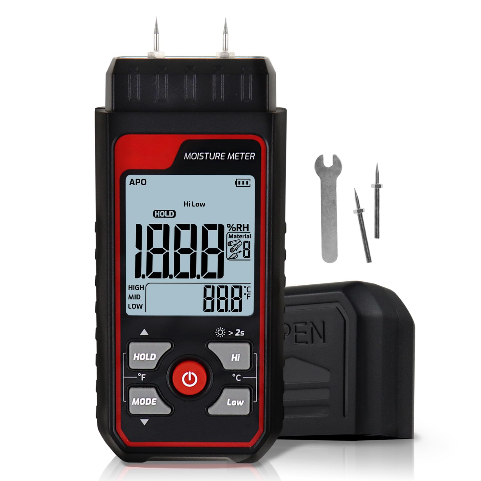 Digital Moisture Meter, Pin Type Humidity Meter, Water Leak Detector, Moisture Detector with Visual High / Medium / Low Alerts Function for Wood, Plaster, Drywall, Concrete Floors, Building Materials