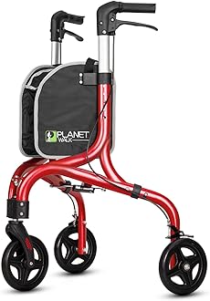 Planetwalk Premium 3 Wheel Rollator Walker for Seniors - Ultra Lightweight Foldable Walker for Elderly, Aluminum Three Wheel Mobility Aid, Brilliant Red