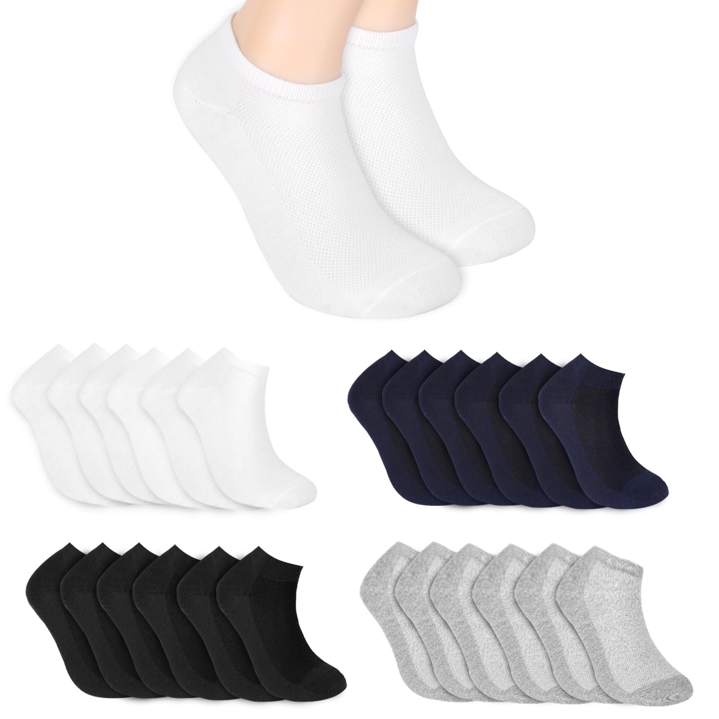 ACCRUX - 12 Pares de Calcetines Tobilleros para Hombre y Mujer, Unisex Tobilleros de Algodon Suaves y Transpirable con Puntera Reforzada