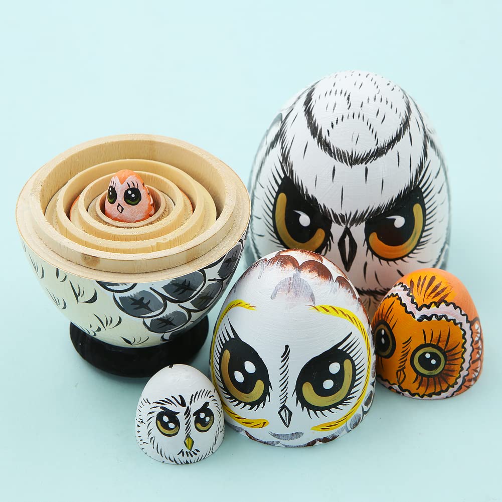 Lot de 5 poupées gigognes Russes en Bois sur Le thème des Animaux de Hibou, poupée matriochka Faite à la Main en Forme d'œuf poupée empilable en Bois pour Anniversaire d'enfant, Noël, Nouvel an