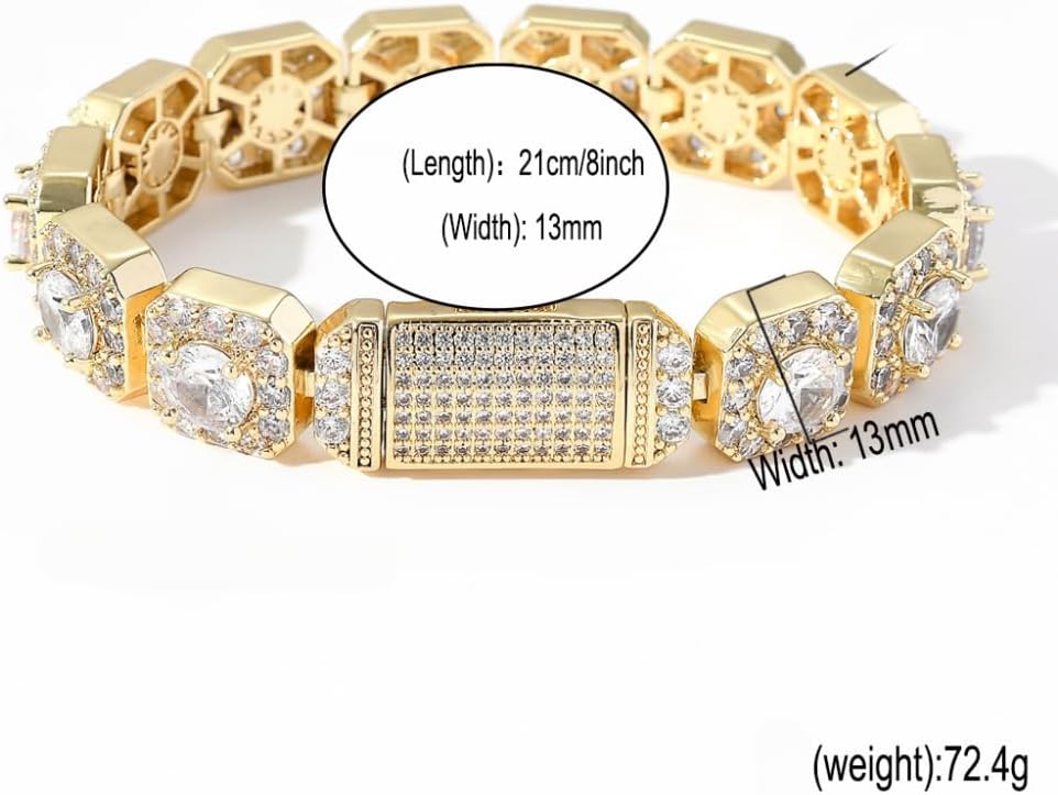 14K Gold 13mm Hip-Hop Bracelet with Rock Sugar Moissanite and Flip Clasp, Unisex Gift (Yellow,9 Inch)