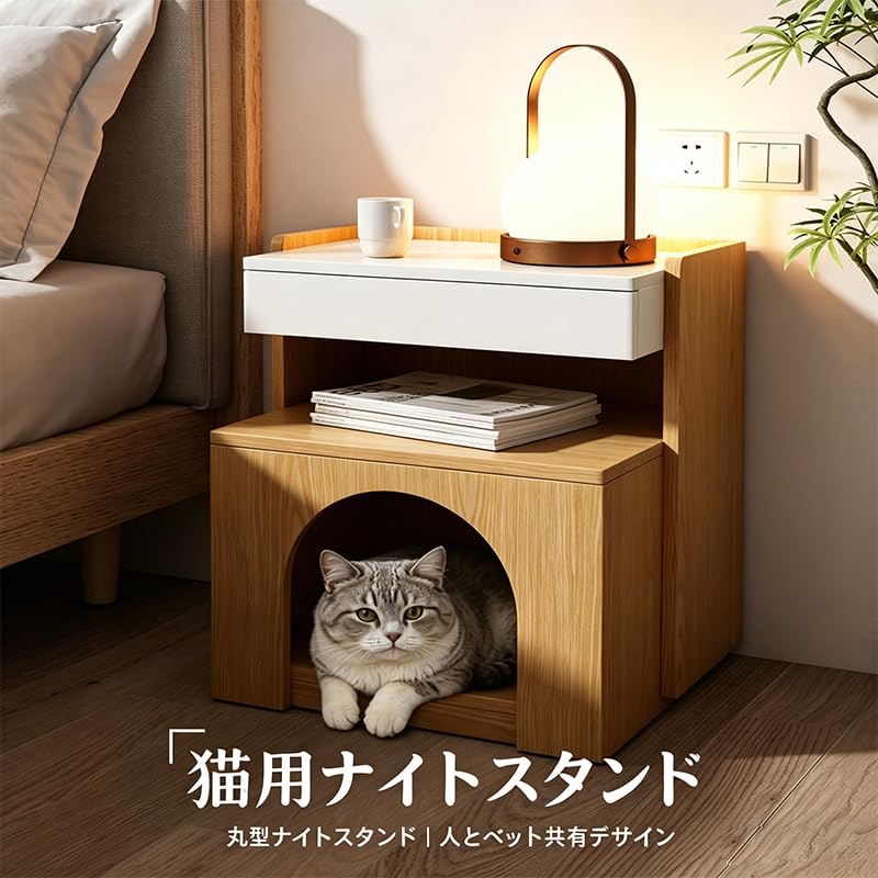 猫デザイン 木製サイドテーブル 引き出し付き Amazon.co.jp: ZVGT ナイトテーブル キャットハウス付き サイド