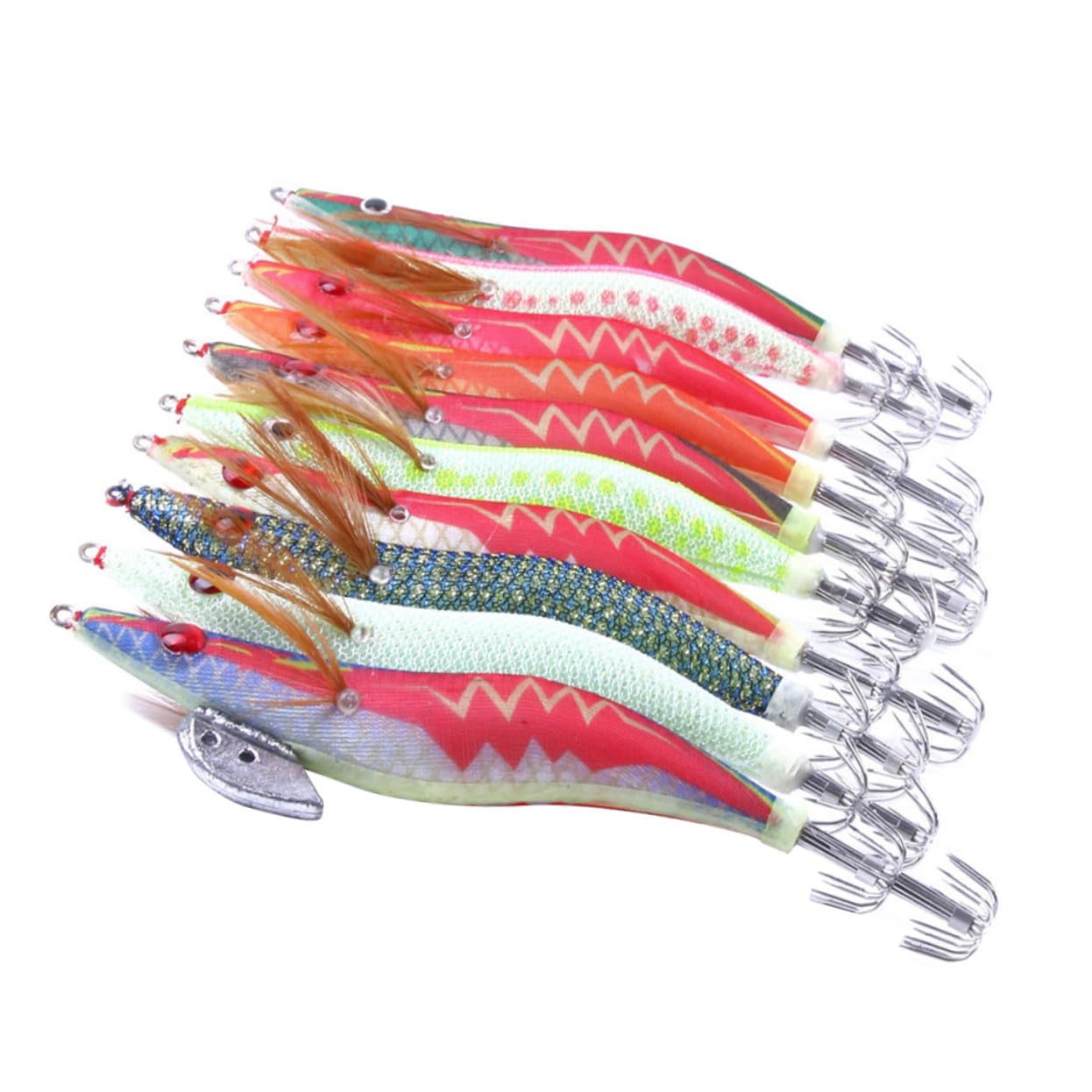 Anneome 10 Señuelos de Pesca Luminosos para Calamar y Octópodo, Cebo Artificial de Plástico Verde Claro, Alta Resistencia para Agua Dulce y Salada