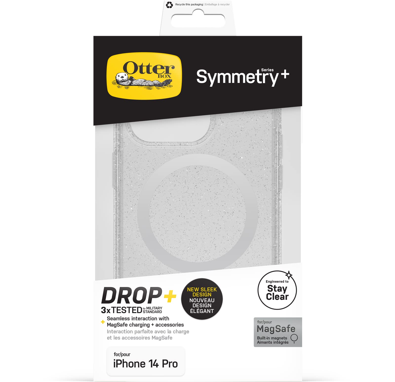 OtterBox Cover per iPhone 14 Pro Symmetry+ Clear per MagSafe, resistente a shock e cadute, sottile, testata 3x norme MIL-STD 810G, protezione antimicrobica, Stardust