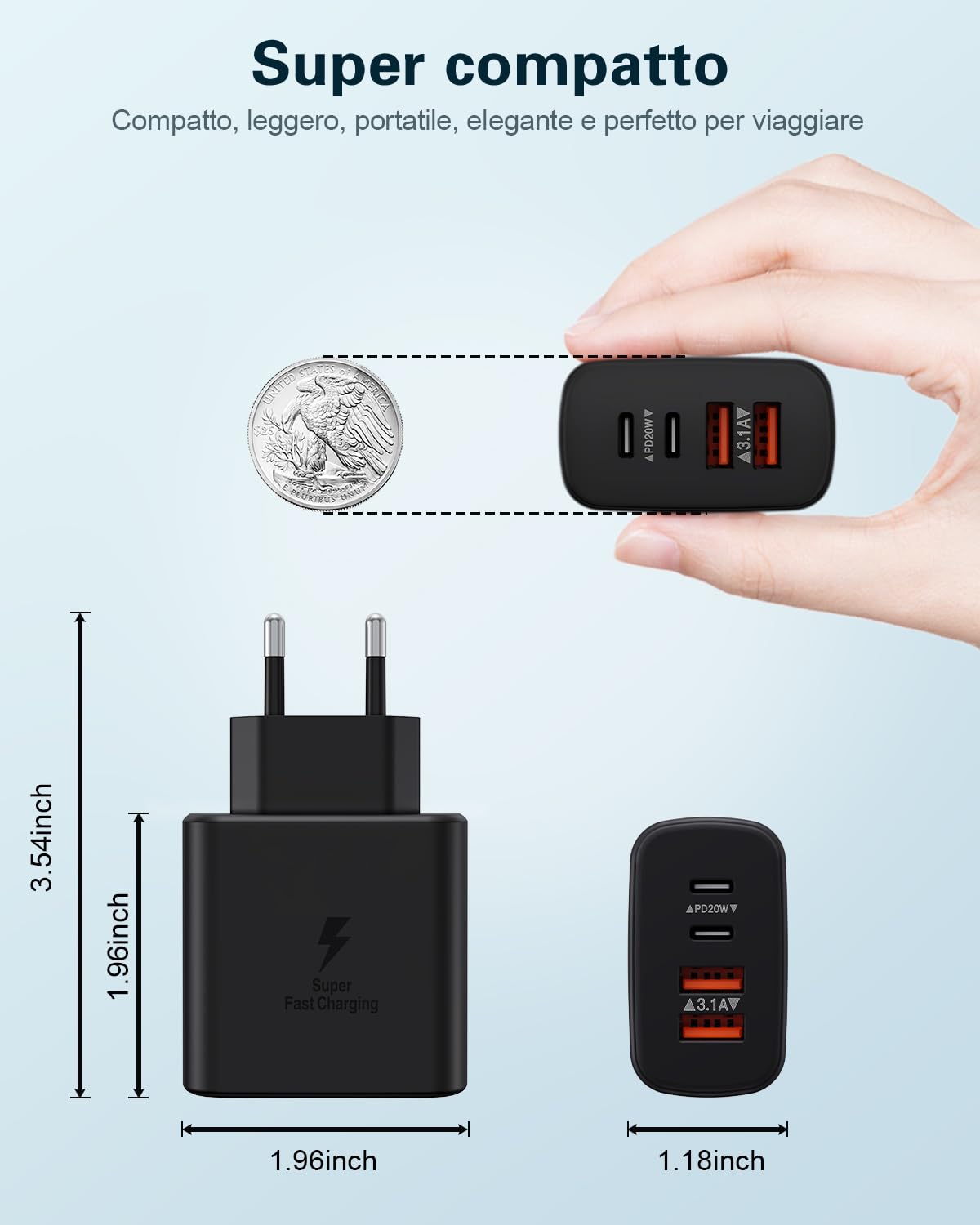 Caricatore USB C Rapido 40W 4-Porto Presa USB Multipla PD+QC 3.0 Carica Cellulare, Spina Alimentatore USBC Caricabatterie per iPhone 16 15 14 13 12 11 Pro Max Plus, Samsung, Spinotto USB Adattatore