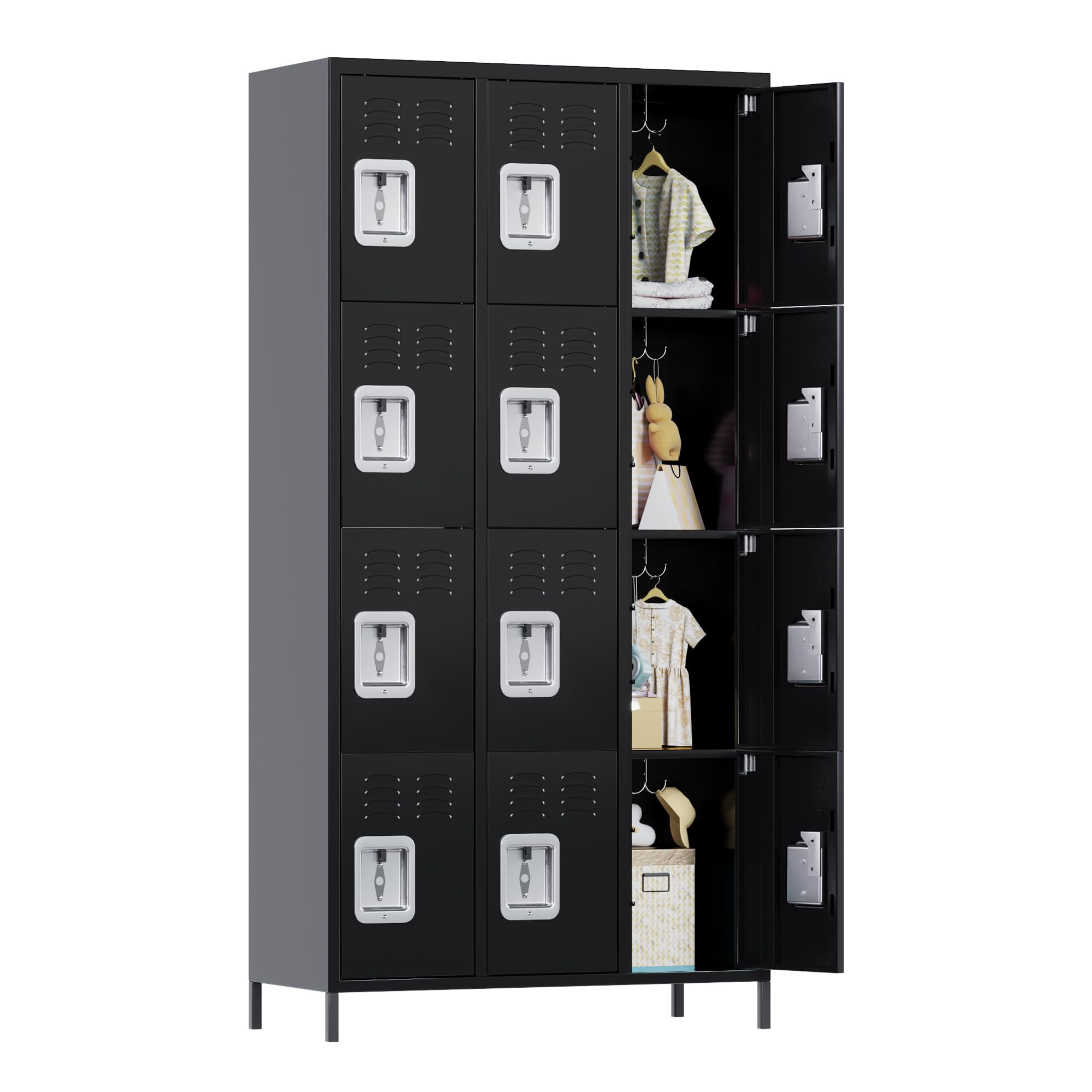 Aobabo 12 Doors Metal Storage Locker for Employees, Storage Locker with 12 Hooks for Garage School Office Gym, Black, Assembly Required