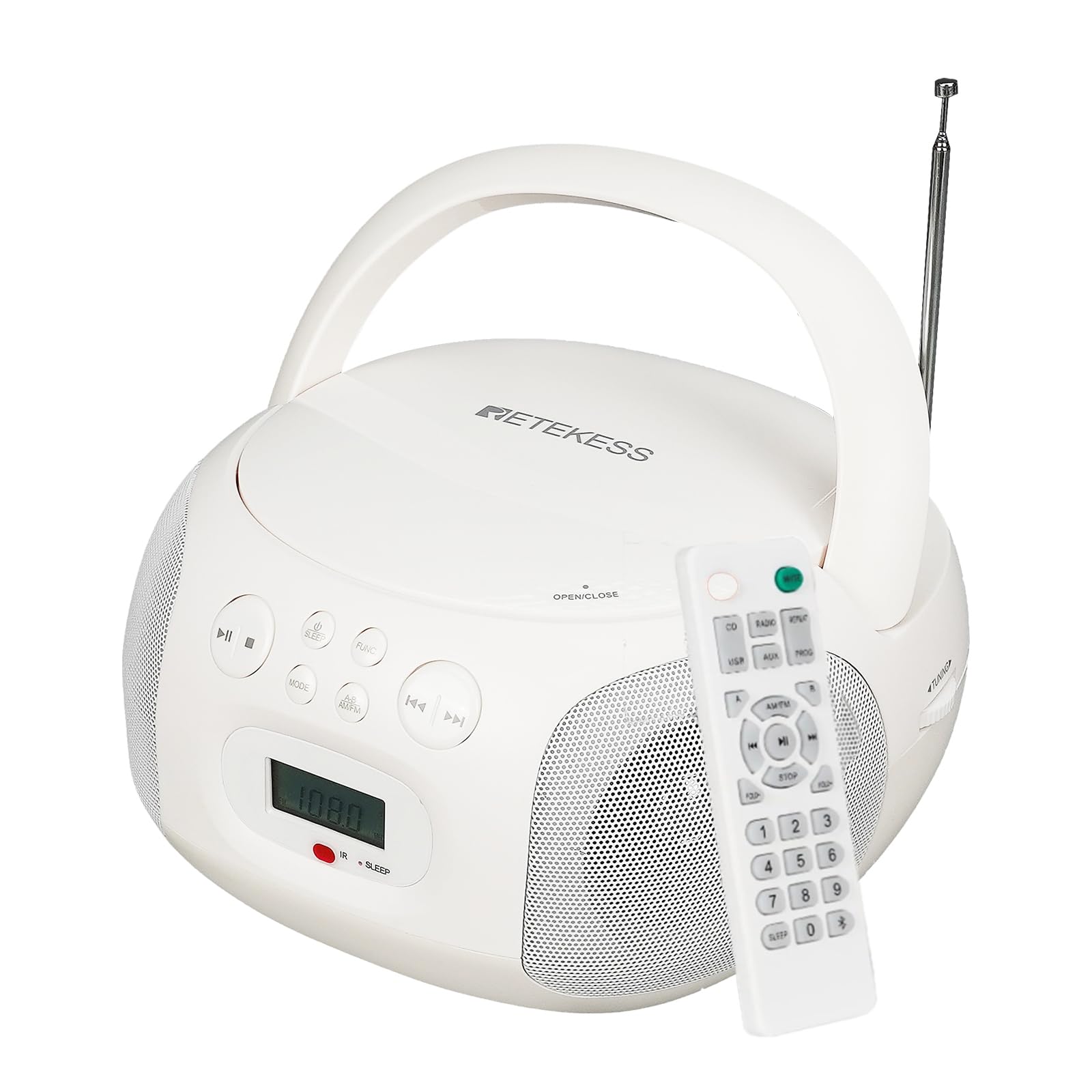 Retekess TR636 Tragbarer CD-Player, Boombox mit Bluetooth, FM Radio, USB,AUX-In,Sleep-Timer, Fernbedienung, Einfache Bedienung für Ältere Menschen (Weiß)