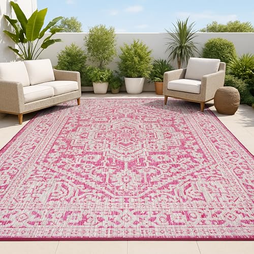 JONATHAN Y Medallion Weave Indoor Outdoor Area Rug 3X5 Fuchsia/Light Gray, Sinjuri Textured for Backyard, Patio, Porch, Easy-Cleaning, High Traffic, Pet-Friendly, Non-Shedding (SMB101G-3) by JONATHAN Y - Used condition - US$40.51
