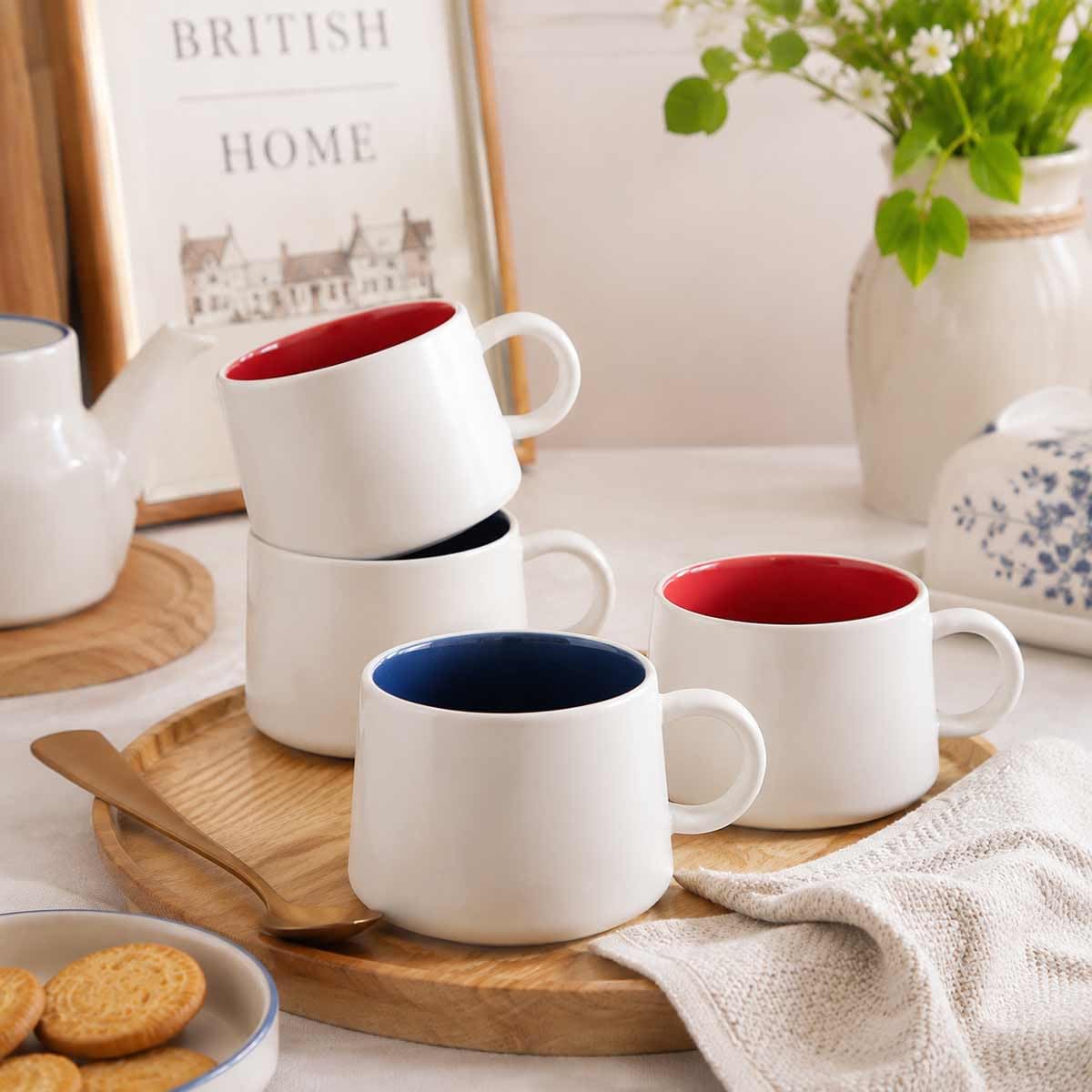 Set di 6 tazze da caffè in ceramica, bianche con interno colorato, 350 ml, impilabili, in porcellana, per latte, tè, cappuccino, manico facile da impugnare