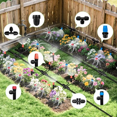230FT Drip Irrigation System for Garden with 40 Nozzles & Emitters, Garden Watering System with 1/2" & 1/4" Tube and Barbed Fittings - Adjustable Sprinklers Kit for Greenhouse, Lawn, Raised Bed - Image 4