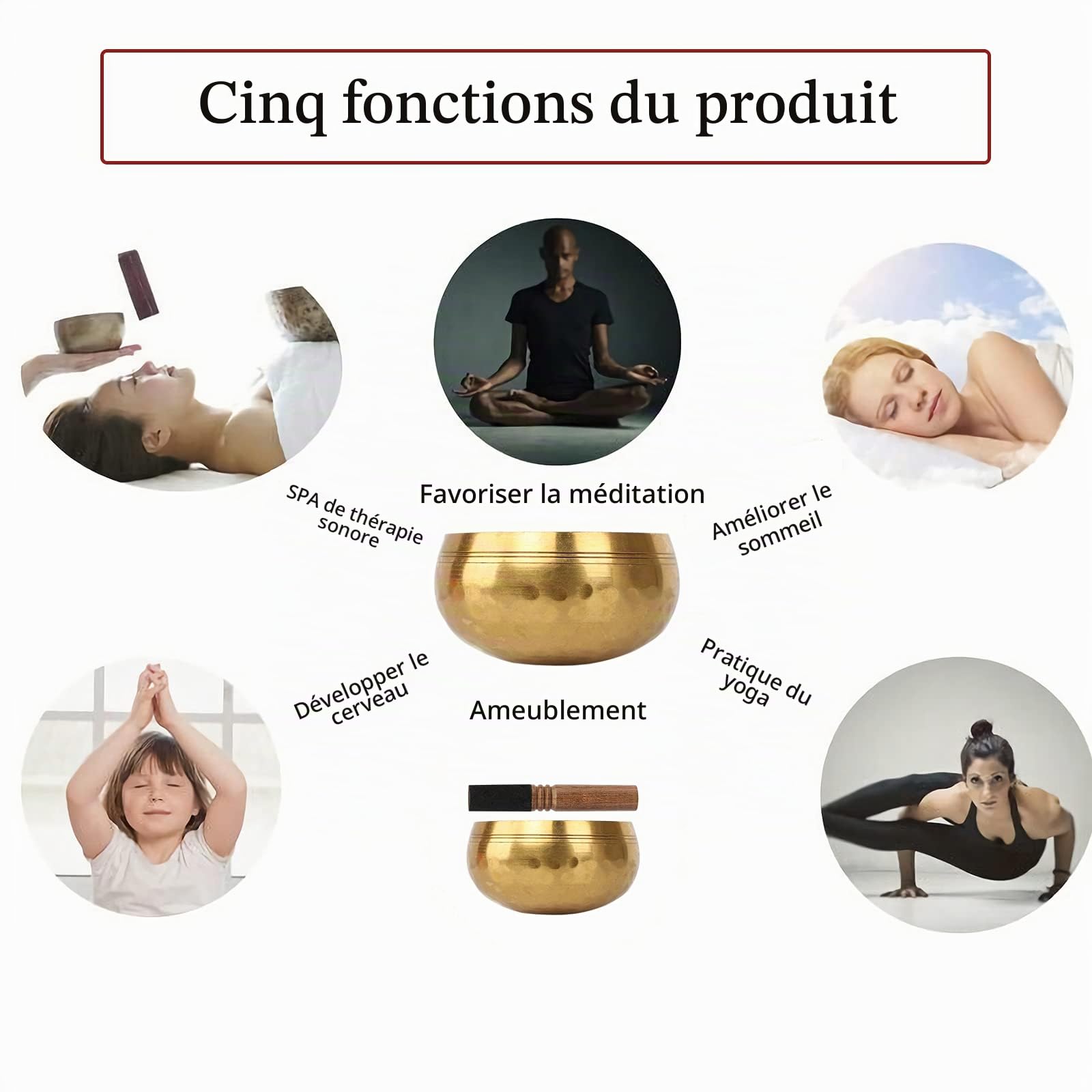 Bol chantant Tibétain avec Manche en Bois Bol Sonore Fabriqué à la Main au Népal Bol de Méditation Gravure Mantra de Guérison Bol Chant Bouddha pour Relaxation Yoga Guérison Prière Cadeau