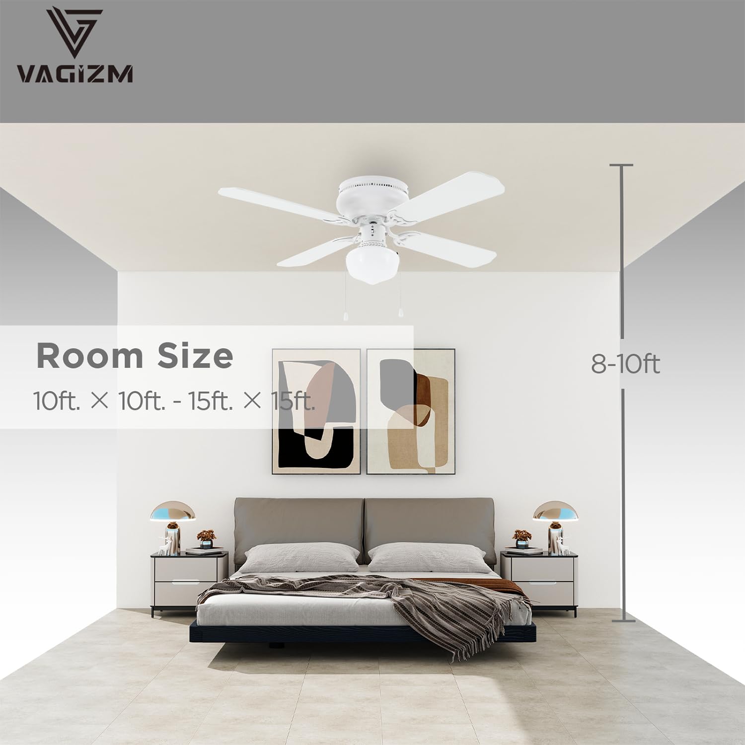 Ventilador de techo de montaje empotrado de 42 pulgadas, color blanco mate, ventilador de techo tradicional con luz y cadena de tracción, diseño de perfil bajo, uso en interiores o exteriores 2