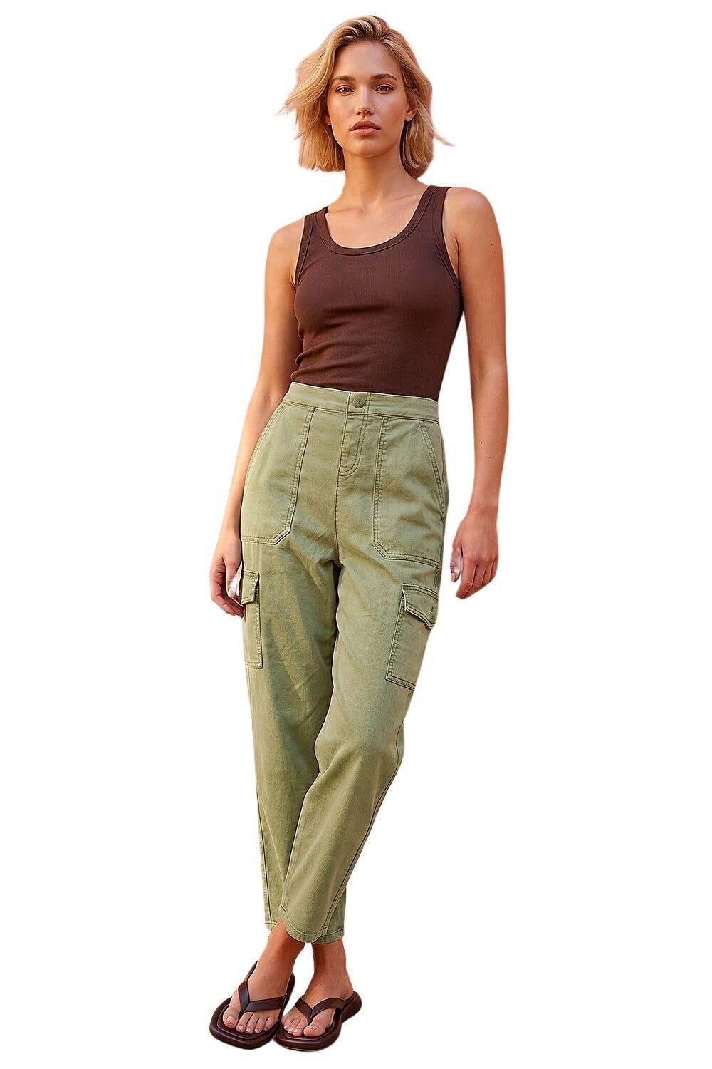 Roman Casual Elastic Waist Cargo Stretch Trousers - Green