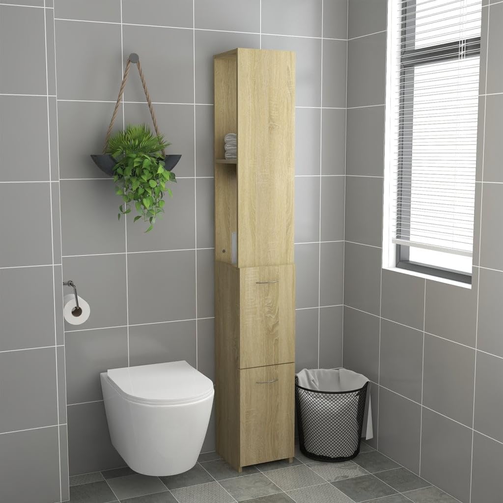 Armario de baño de roble Sonoma, material de madera, 25 x 26,5 x 170 cm, armario alto con espacio de almacenamiento para baño, montaje en pared, ahorra espacio y robusto, ideal para muebles