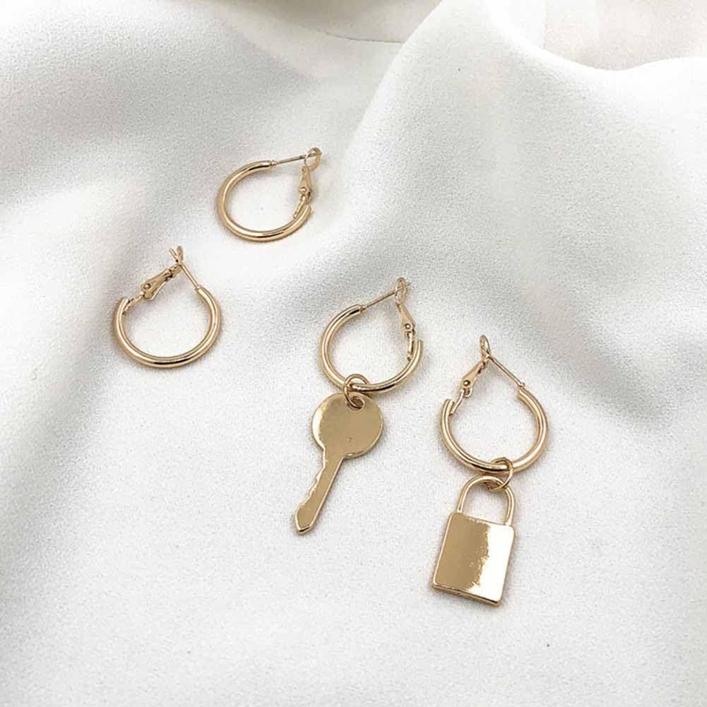 Key Lock Dangle Hoop Earrings Simple Gold Silver Plated Big Round Circle Drop Stud Earrings for Women Girls - Image 5