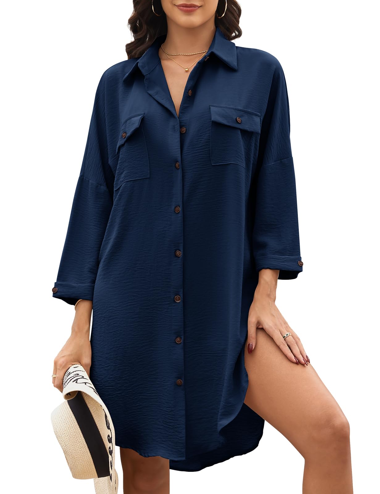Tuopuda Camisa Suelto de Bikini Cover Up Manga 3/4 Enrollada Casual Vestido Botón Abajo Largos Blusa Tops con Bolsillo Camisolas Vestido de Playa Cárdigan Cover Up Verano Sólido Blusa