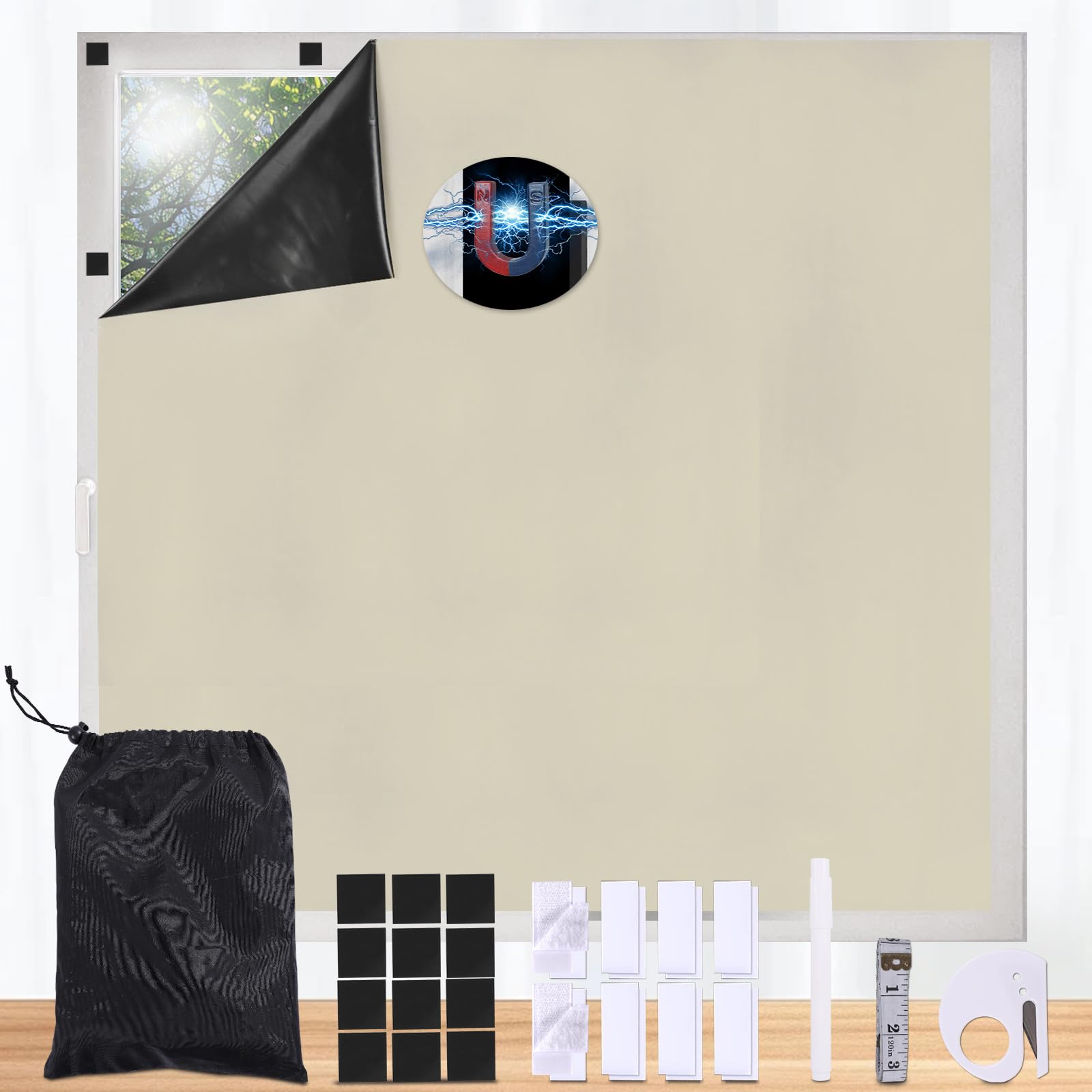 Maritown No Drill Blackout Blinds Stick on Curtains, Easy Cut to Size&Shape Fits Any Windows, Portable Blackout Blind with 12 Pairs Magnets & Tapes Easy Install for Bedroom, Nursery,Loft,Car