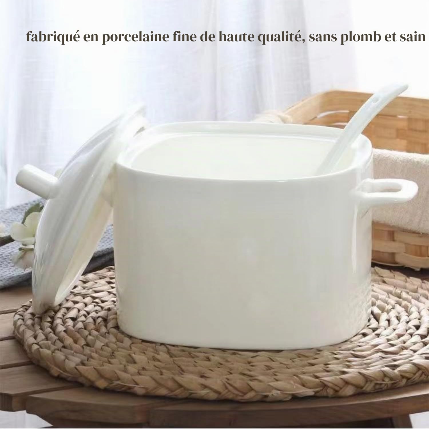 Tureen - Soupe en porcelaine d'os avec couvercle et louche, grand bol en céramique de 3 000 ml avec couvercle pour fête, salle à manger, décoration de la maison, passe au micro-ondes