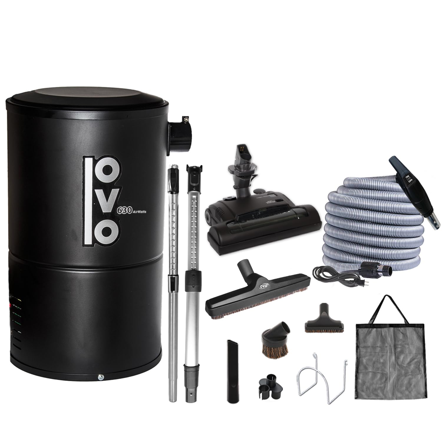 OVO Compact and Powerful Central Vacuum System, Condo Vac, 630 Airwatts, Use with Disposable Bag, 18L or 4.75Gal, 30 ft Carpet Deluxe Accessory Kit Included