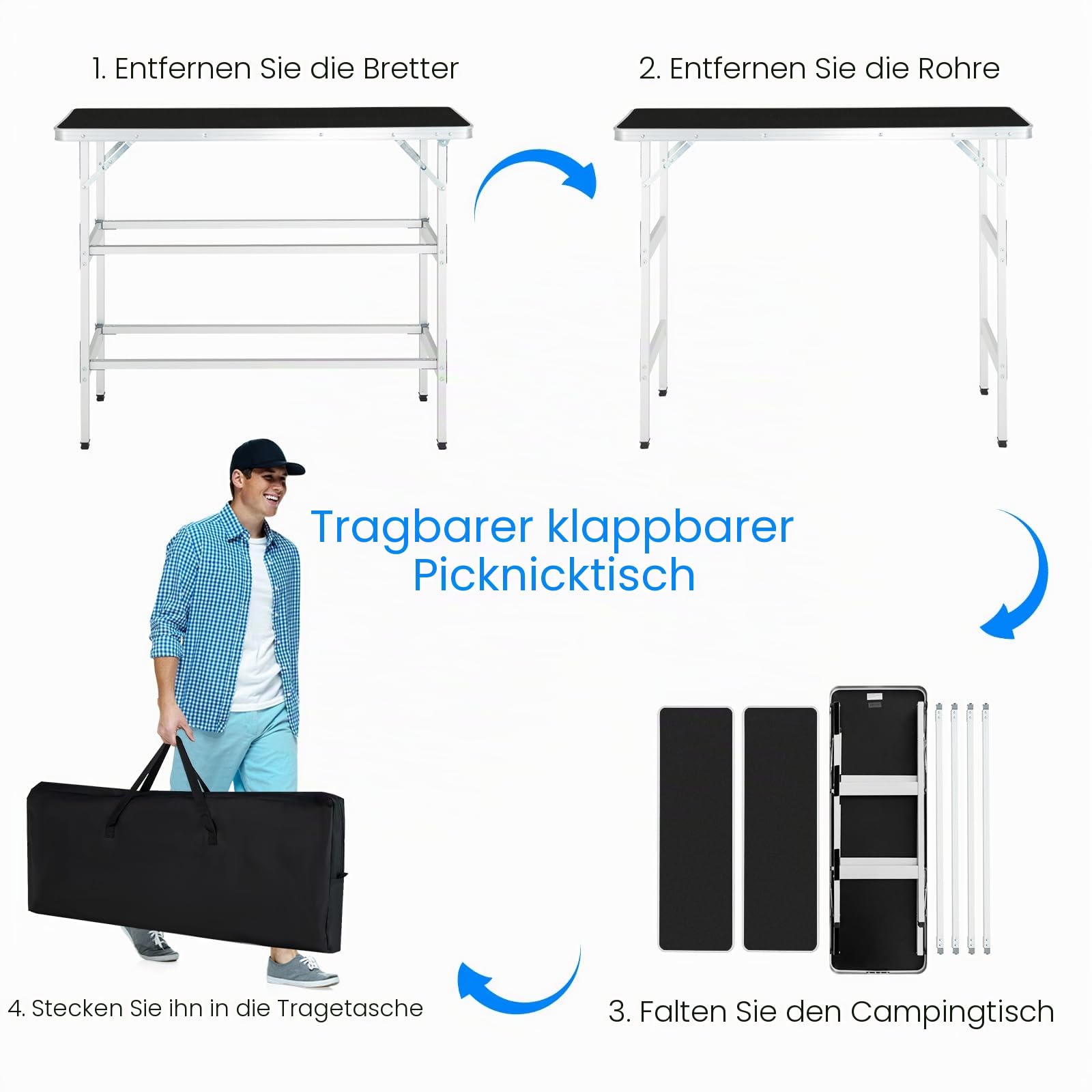 KOMFOTTEU Campingküche mit 3 Ebenen Stauraum, Campingschrank Klappbar mit Tragetasche, Picknicktisch faltbar aus Aluminium, Klapptisch für Picknick, BBQ, Party (Schwarz)