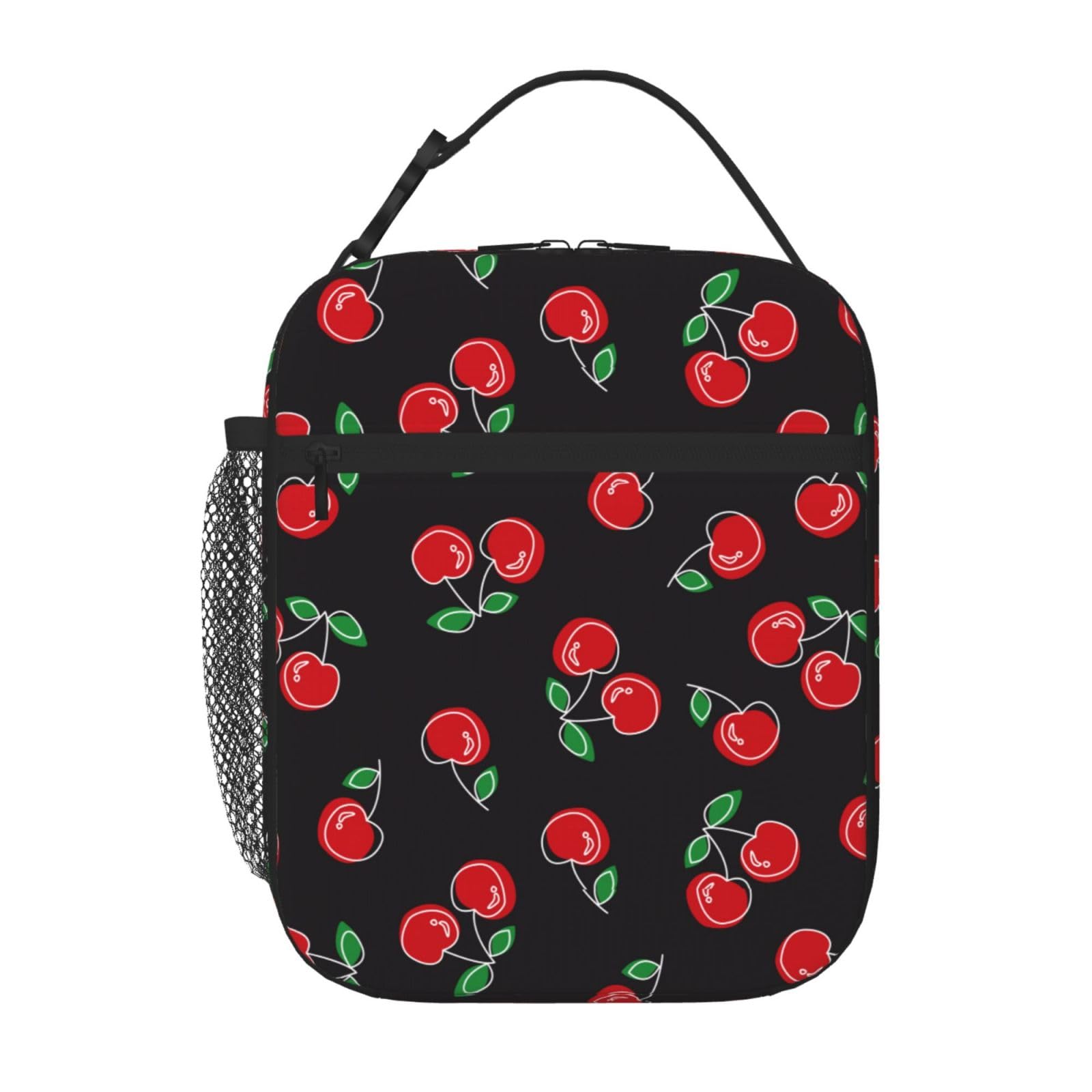 GVGOAGL Red And Black Cherry Insulated Lunch Bag Reusable Cooler Lunch Box Portable Leakproof Thermal Container Tote Bags for Girls Boys School Travel