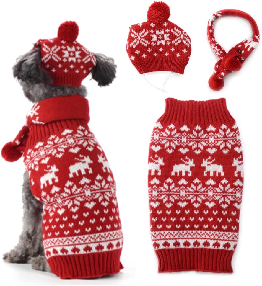 ABRRLO Perros Navidad Jersey bufanda Set Dog Christmas Suéter Mascota Perro Jersey Jersey Perro Jersey Perro Reno Rojo cálido Invierno