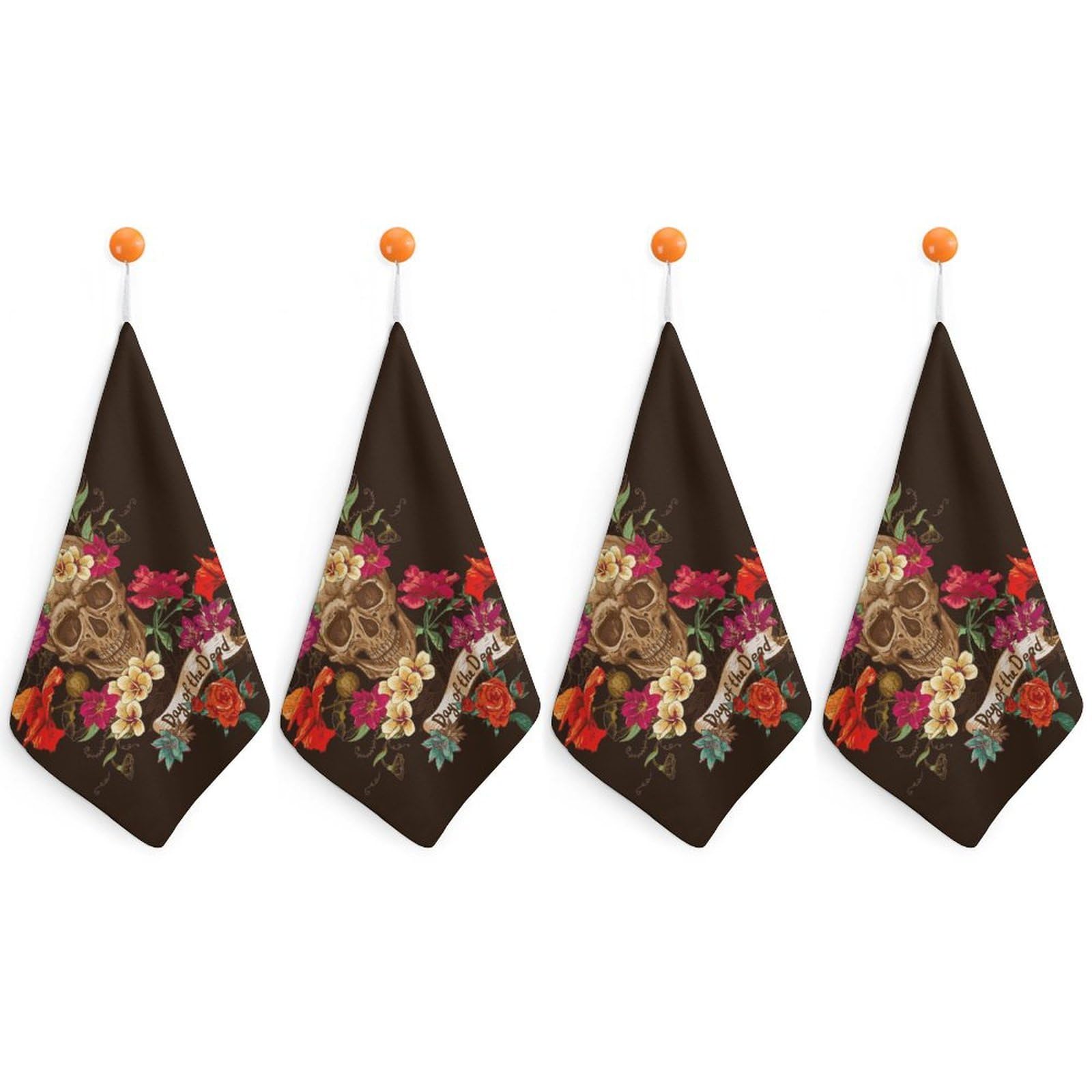 LWORZIIB 4 Piece Hanging Hand Towels, Floral Sugar Skull Day of The Dead Small Dry Hand Towel for Kitchen Bathroom