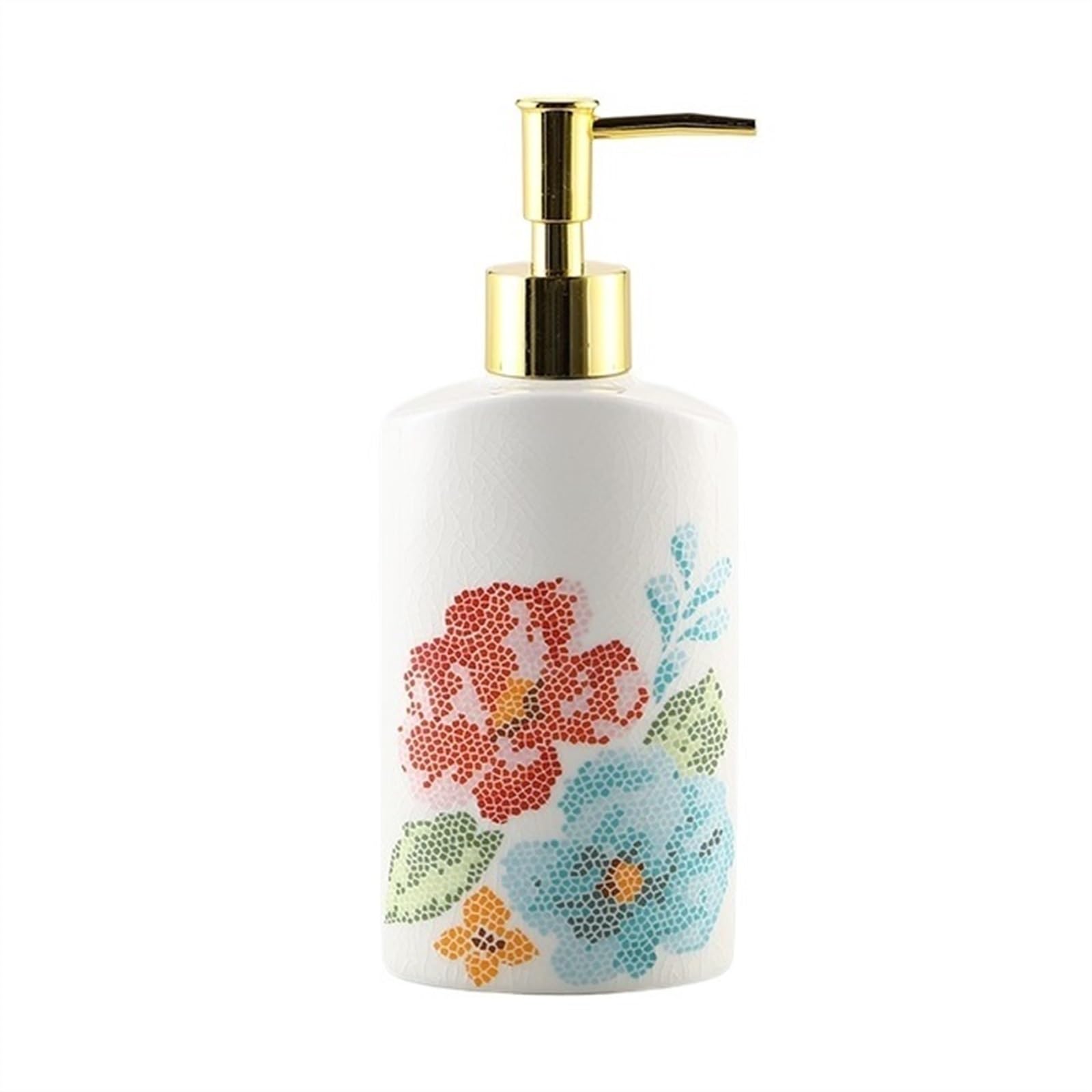 Dispensador de jabón Loción de cerámica líquida de 260 ml con diseño único de glaseado de Hielo craquelado, Flores Rojas y Azules, Reutilizable y rellenable.