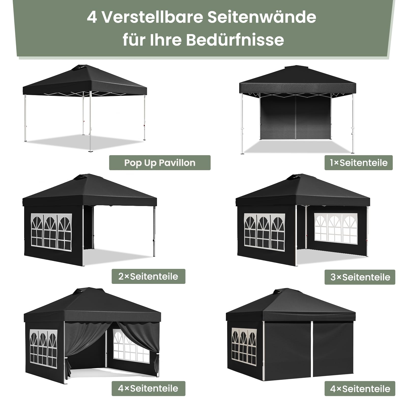 GVDV Pavillon 3x3 Pop Up Wasserdicht mit 4 Seitenteilen, Rollentasche | UPF 50+, PU-beschichtetes Dach, Dachlüfter, höhenverstellbar, inkl. Gewichte, Heringe und Abspannseile, Winterfest, Schwarz
