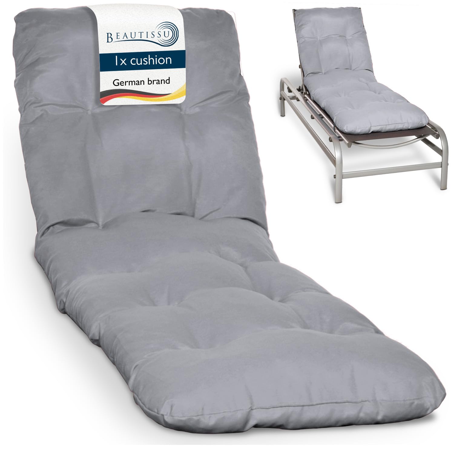 Beautissu Light Grey Padded Sun Lounger Cushion 190X60x8 Cm – Sunbed Pad As Relaxer Garden Recliner Cushions Steamer Chair – Flair Rl
