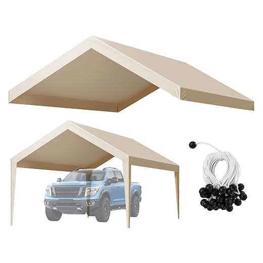 VEVOR Carport Replacement Canopy Cover, 12 x 20 ft Potable Garage Tent Top Tarp, UV-Resistant & Waterproof Car Shelter Tarp, Heavy Duty Car Port Cover with Ball Buggees, Beige, Frame Not Included