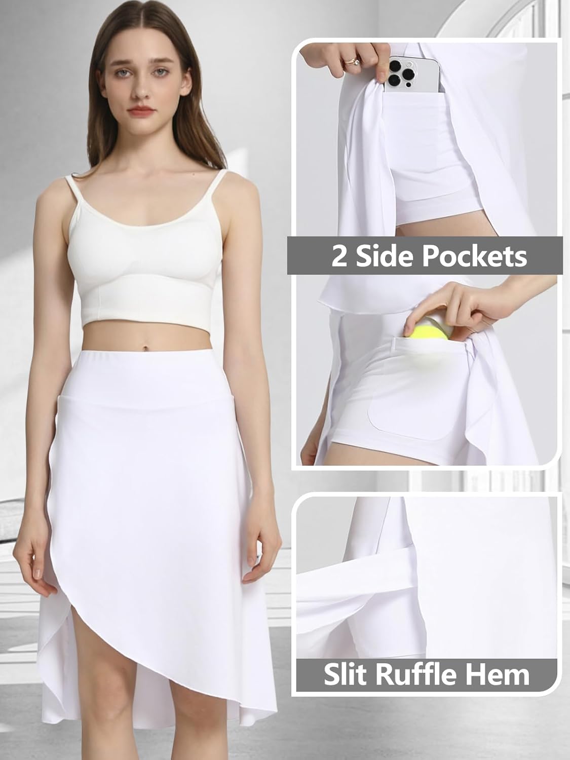 Bezioner Women's Skirt with Shorts High Waist Athletic Skort with Pockets Midi Length Flowy Skirt with Slit Ruffle Hem - Image 4