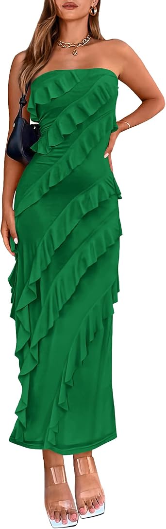 BTFBM Women Summer Elegant Strapless Midi Ruched Bodycon Dress Solid Color Stretch Mesh Slim Party Cocktail Dresses