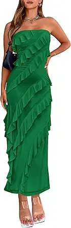 BTFBM Women Summer Elegant Strapless Midi Ruched Bodycon Dress Solid Color Stretch Mesh Slim Party Cocktail Dresses