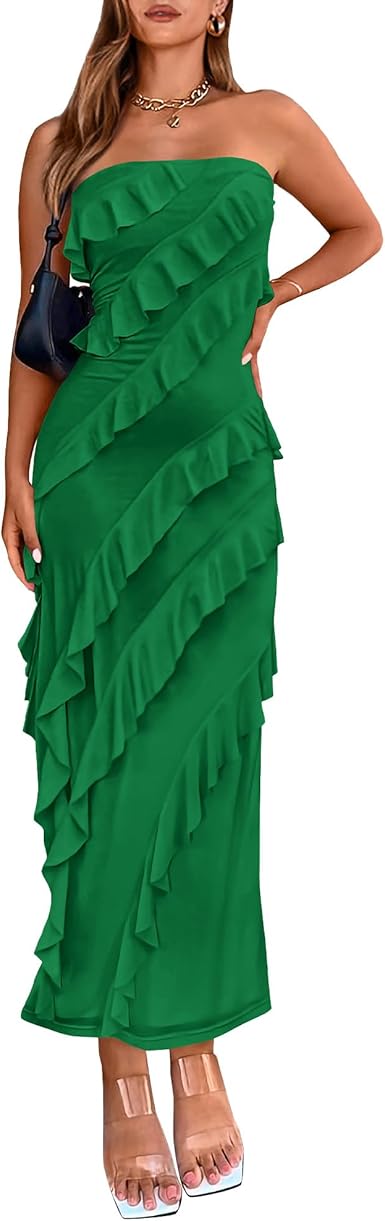 BTFBM Women Summer Elegant Strapless Midi Ruched Bodycon Dress Solid Color Stretch Mesh Slim Party Cocktail Dresses