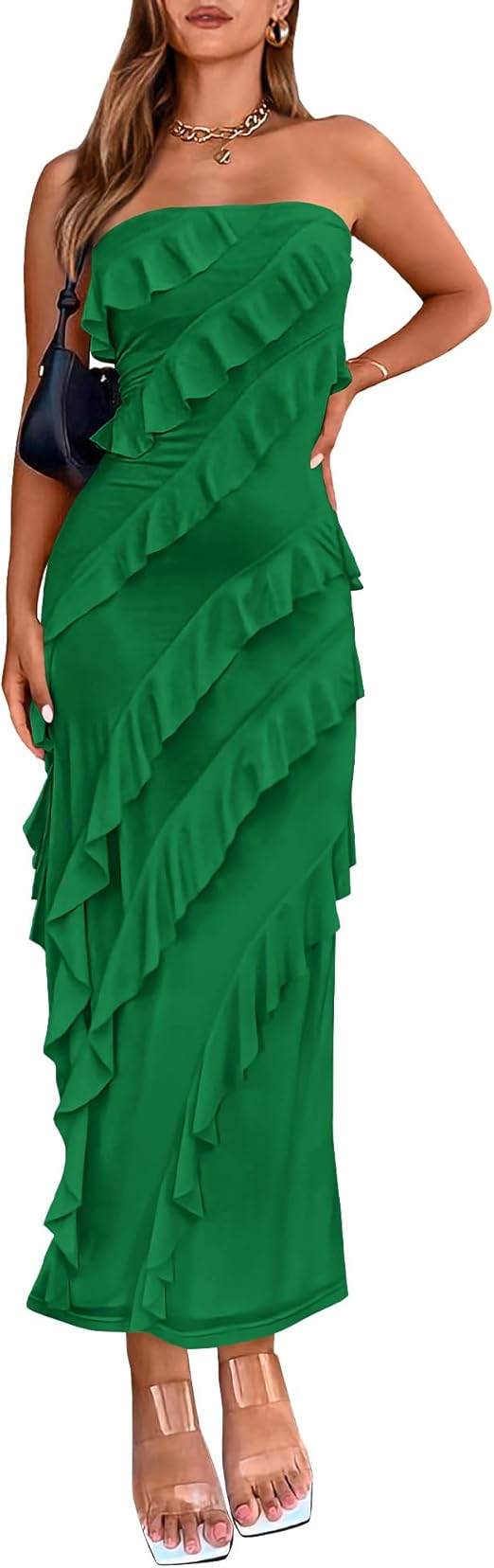 BTFBM Women Summer Elegant Strapless Midi Ruched Bodycon Dress Solid Color Stretch Mesh Slim Party Cocktail Dresses