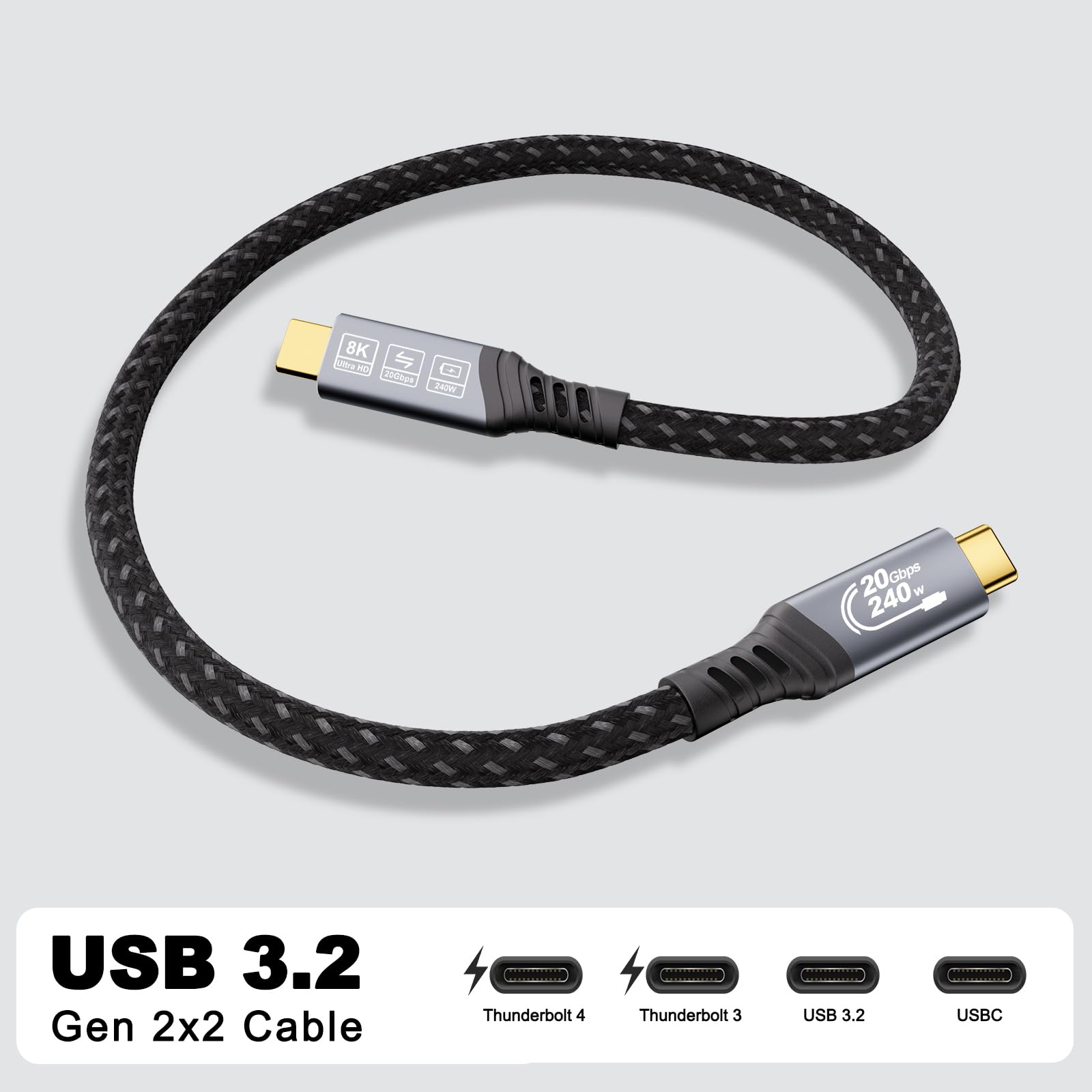 Cable USB C 1m (Cabo USB C 3.2 Gen 2×2, vídeo 8K@30Hz, 4K@144Hz/60Hz, carga rapida 240W/100W) Cable de datos USB tipo C de 20Gbps para Thunderbolt 4/3, MacBook, iPhone 17, SSD, Docking station — view 2