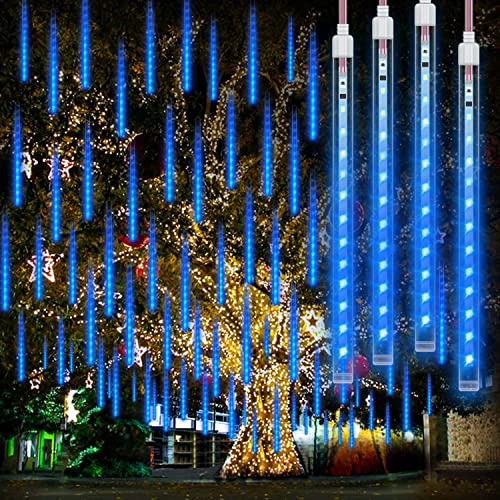 LED de Meteoros Lluvia Luces Guirnalda, Rilitor Luz de Lluvia de Meteoros 30cm 8 Tubos 192 LEDs IP65 Impermeable para Fiesta Árbol de Navidad Jardín Halloween (Azul)