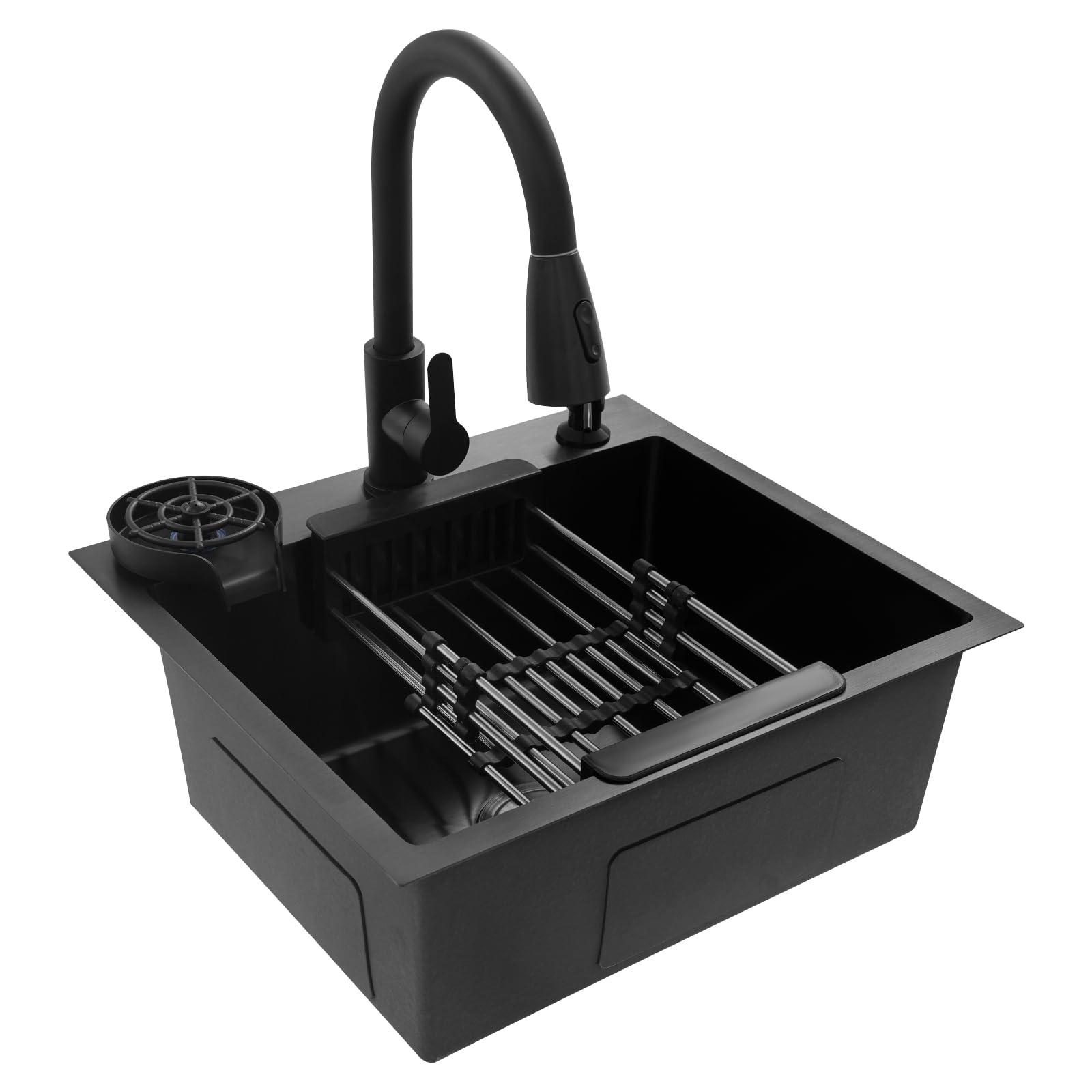 Fregadero de cocina negro 50 × 45 cm, acero inoxidable 201, con grifo extraíble y lavavajillas para vasos, fregadero empotrable con rebosadero, cesta de desagüe y dispensador de jabón, fregadero de